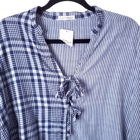 RARE New Free People x CP SHADES Boxy Bed Jacket Top plaid blue Boho - Picture 4 of 11